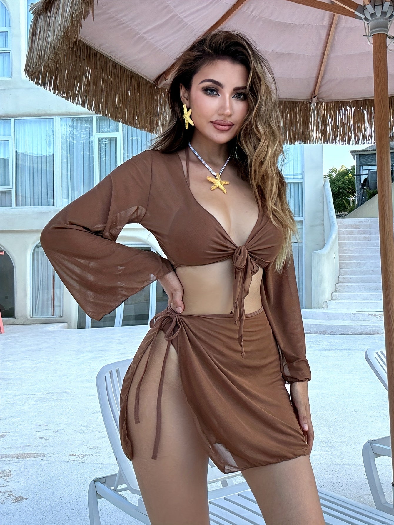 Solid Color 4-piece Bikini Set With Long Sleeve Top, Waist Tie Skirt - Polyester - For Women - Perfect for Beach, Poolside & Summer Vacations - Ideal Gift for Summer Lovers